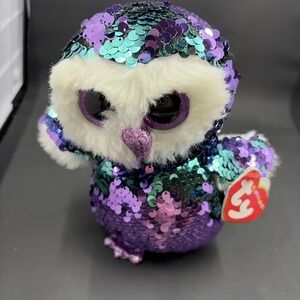 TY Teeny Beanie Boos Flippables‎ Moonlight The Owl Purple & Blue Sequin Plush